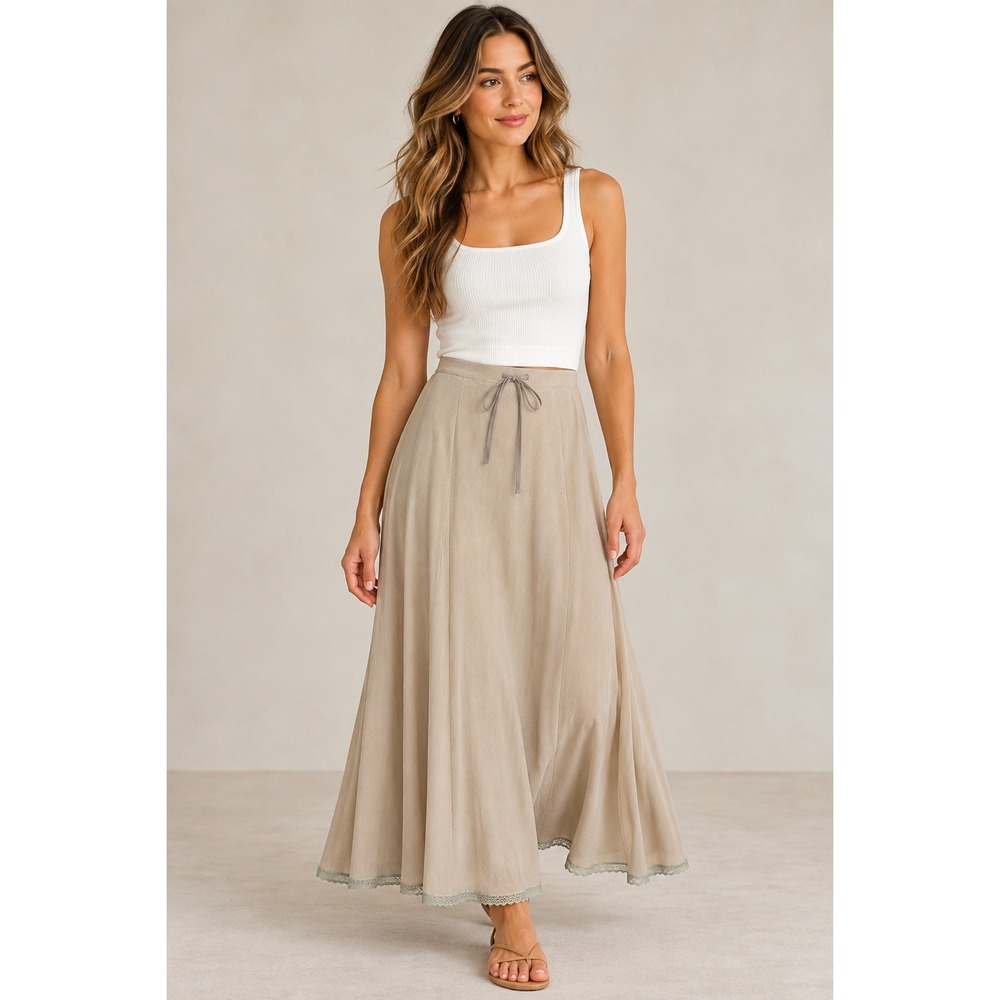 Danny Noble Off The Cuff Tan 100% Silk Lace Trim Maxi Skirt Size M